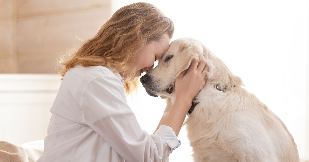 A person in a white robe gently cuddles and pets a light-colored dog