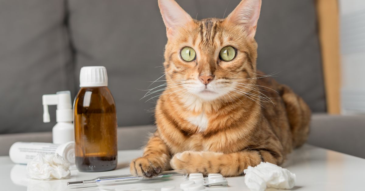 A tabby cat with green eyes sits at a table beside small amber bottles.