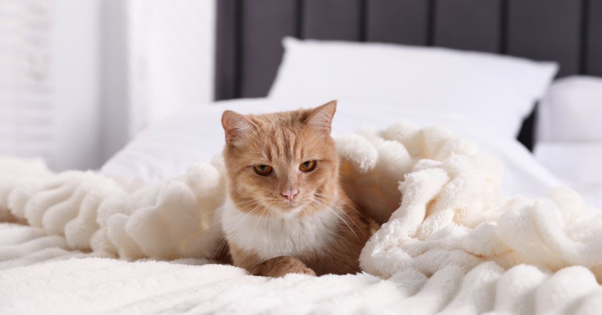 A ginger cat with amber eyes rests on a bed, tucked under a fluffy white