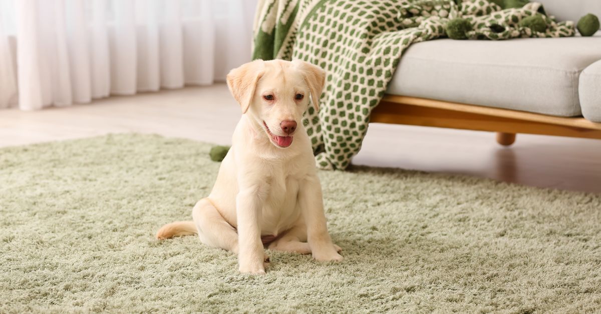 A light-colored puppy lying on a green carpet in a bright living room, with a