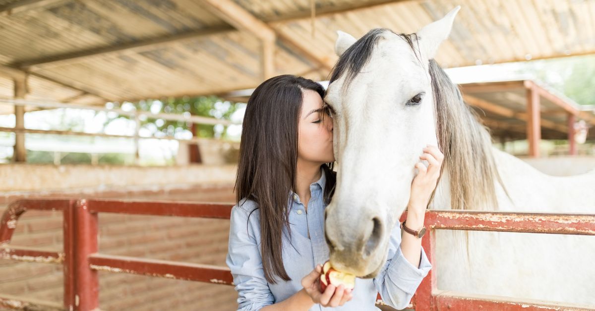 A woman in a barn gently holds and feeds a white horse, resting her hand